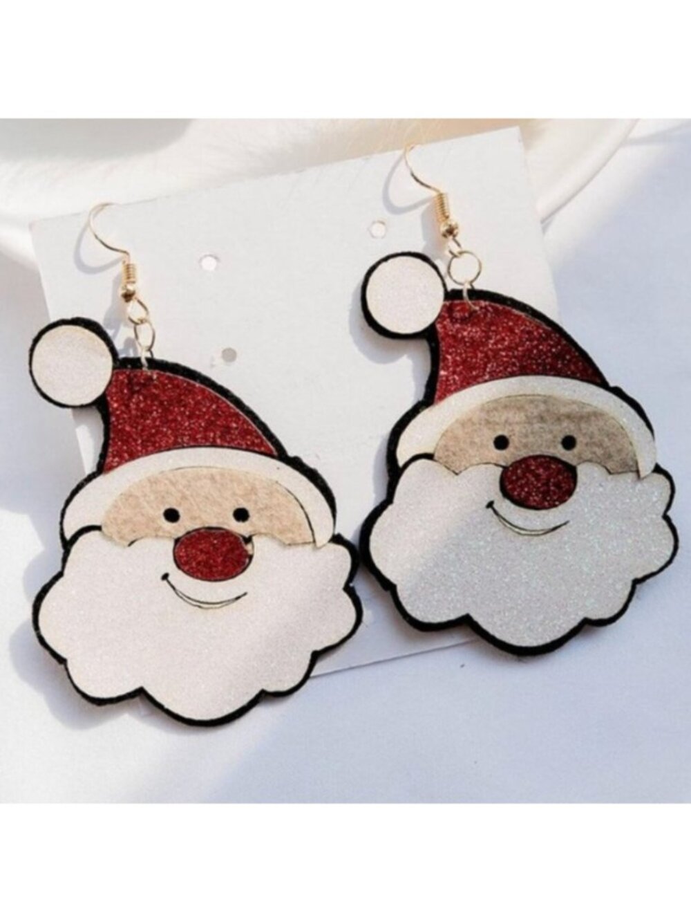 Glitter Red White Happy Santa with Hat Christmas Dangle Earrings Xmas Winter